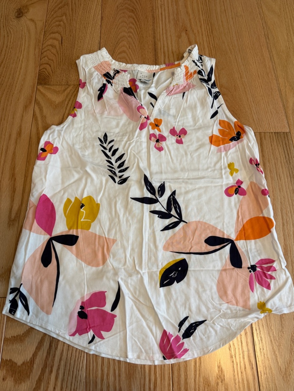 New Women's Floral Sleeveless Tank Top - White with Pink & Orange Floral Print